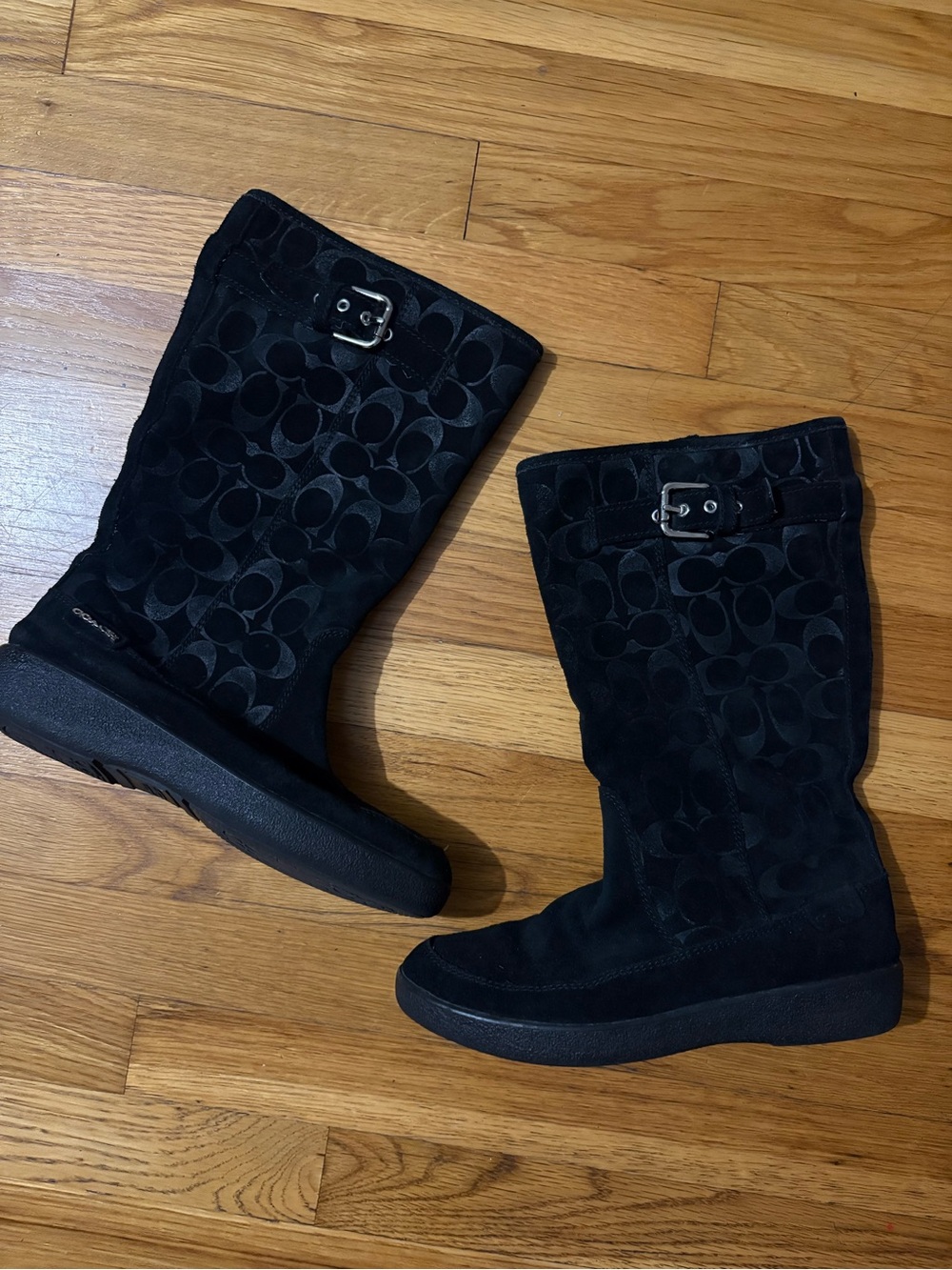 Coach Black Signature Suede Mid-Calf Buckle Boots